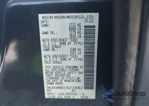 2012 Nissan Pathfinder S from USA, damaged, VIN 5N1AR1NN6CC623982